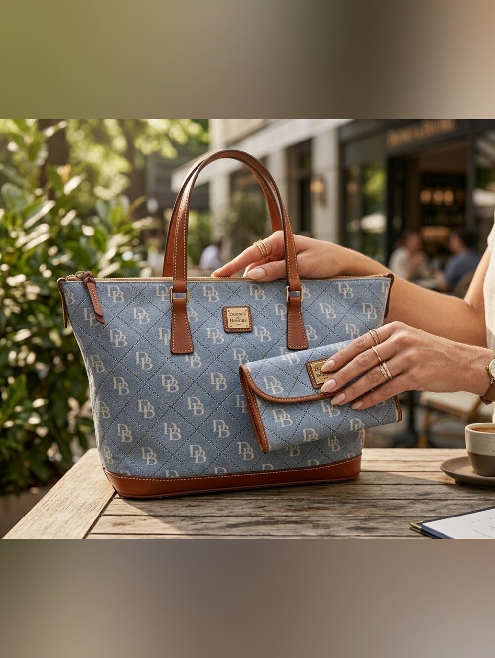Dooney & Bourke Light Blue Quilted Tote with Brown Trim And Wallet.